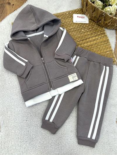 Cepli Kapşonlu Fermuarlı Ceketli Erkek Bebek 3ip Şardonlu Takım (6-9/9-12/12-18/18-24 Ay)