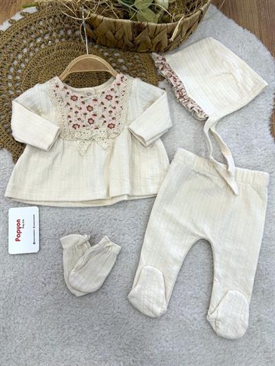 Çiçek Desenli Dantelli Fistolu Yenidoğan Kız Bebek 5li Zıbın Set