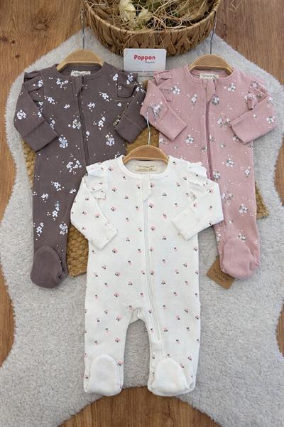 Çiçek Desenli Omuz Fırfırlı Fermuarlı Kız Bebek 3lü Tulum Set (0-3 Ay)