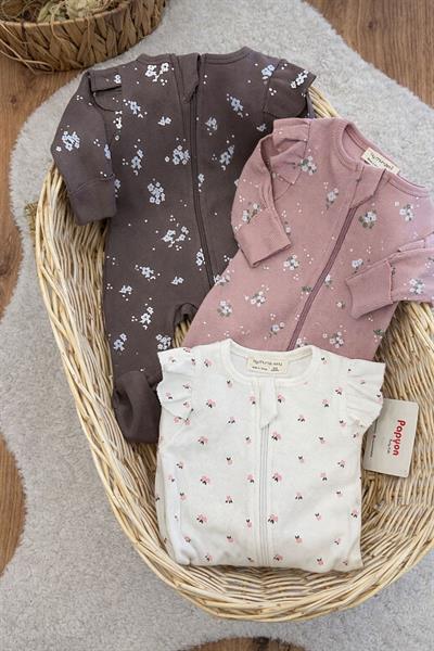Çiçek Desenli Omuz Fırfırlı Fermuarlı Kız Bebek 3lü Tulum Set (0-3 Ay)