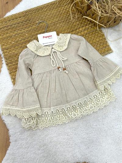 Dantel İşlemeli Yakalı Kız Bebek Keten Elbise (3-6/6-9/9-12/12-18/18-24 Ay)