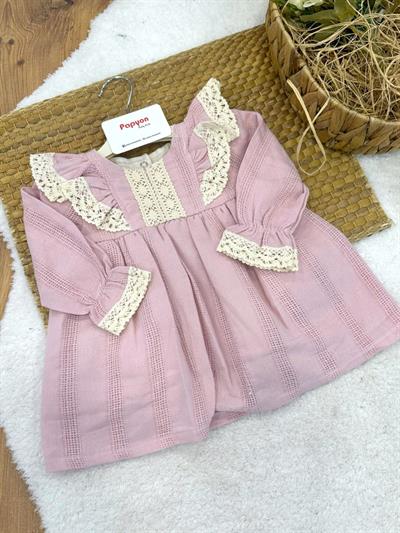 Dantelli Hasır Desen Kız Bebek Astarlı Elbise (3-6/6-9/9-12/12-18/18-24 Ay)