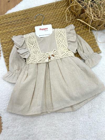 Dantelli Kare Yaka Kız Bebek Keten Elbise (3-6/6-9/9-12/12-18/18-24 Ay)