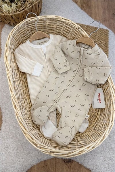 Desenli Fermuarlı Erkek Bebek 2li Tulum Set (%100 Pamuk)(0-3 Ay)