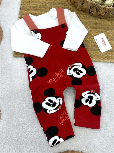 Düz Badili Mickey Mouse Baskılı Penye Salopet Erkek Bebek 2li Takım (0-3/3-6/6-9/9-12 Ay)