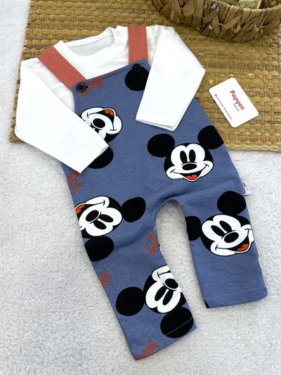 Düz Badili Mickey Mouse Baskılı Penye Salopet Erkek Bebek 2li Takım (0-3/3-6/6-9/9-12 Ay)
