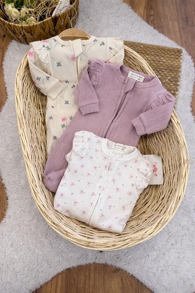 Fiyonk ve Çiçek Desenli Fırfırlı Fermuarlı Kız Bebek 3lü Tulum Set (0-3 Ay)
