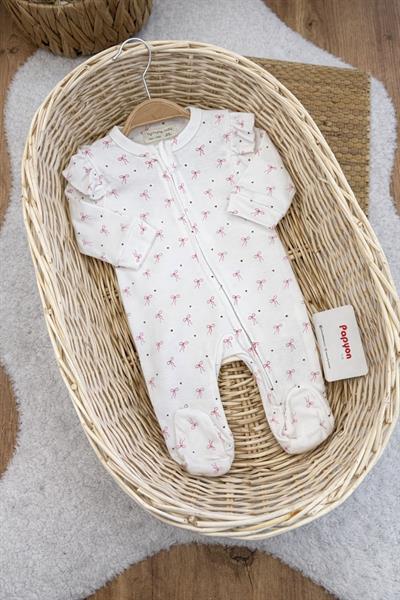 Fiyonk ve Çiçek Desenli Fırfırlı Fermuarlı Kız Bebek 3lü Tulum Set (0-3 Ay)