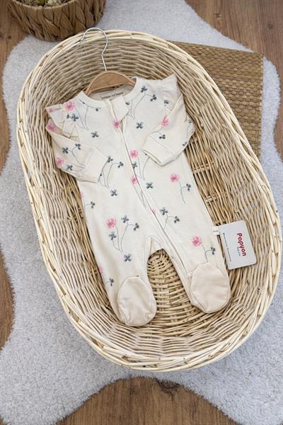 Fiyonk ve Çiçek Desenli Fırfırlı Fermuarlı Kız Bebek 3lü Tulum Set (0-3 Ay)