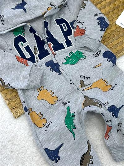 Gap Nakışlı Dinozor Baskılı Kapüşonlu Fermuarlı Erkek Bebek Manşetli Tulum (0-3/3-6/6-9/9-12 Ay)