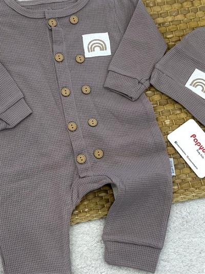 Gökkuşağı Armalı Waffle Bereli Erkek Bebek Tulum Set 3-6/6-9/9-12/12-18 Ay