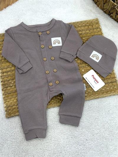 Gökkuşağı Armalı Waffle Bereli Erkek Bebek Tulum Set 3-6/6-9/9-12/12-18 Ay