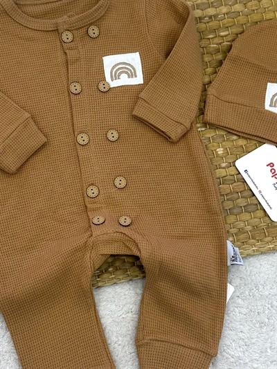 Gökkuşağı Armalı Waffle Bereli Erkek Bebek Tulum Set 3-6/6-9/9-12/12-18 Ay