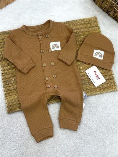 Gökkuşağı Armalı Waffle Bereli Erkek Bebek Tulum Set 3-6/6-9/9-12/12-18 Ay