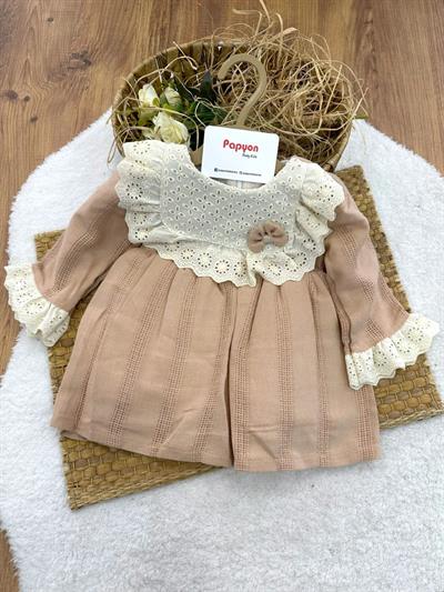 Güpür Yakalı Hasır Desen Astarlı Kız Bebek Elbise (3-6/6-9/9-12/12-18/18-24 Ay)