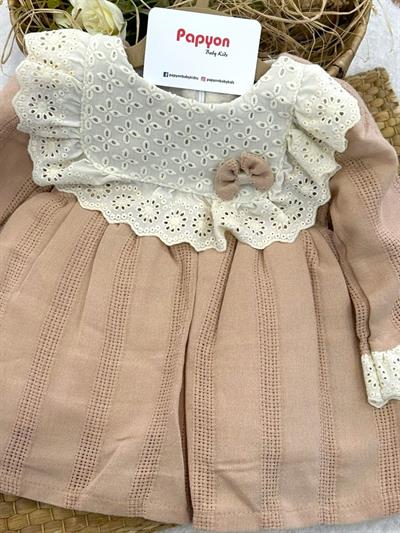 Güpür Yakalı Hasır Desen Astarlı Kız Bebek Elbise (3-6/6-9/9-12/12-18/18-24 Ay)