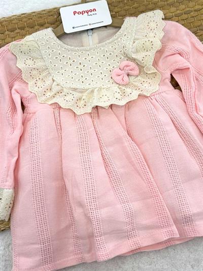 Güpür Yakalı Hasır Desen Astarlı Kız Bebek Elbise (3-6/6-9/9-12/12-18/18-24 Ay)