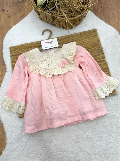 Güpür Yakalı Hasır Desen Astarlı Kız Bebek Elbise (3-6/6-9/9-12/12-18/18-24 Ay)