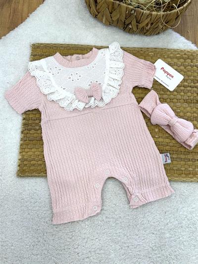 Güpürlü Önlük Detaylı Bandanalı Kız Bebek Jakarlı Şort Tulum (0-3/3-6/6-9/9-12 Ay)