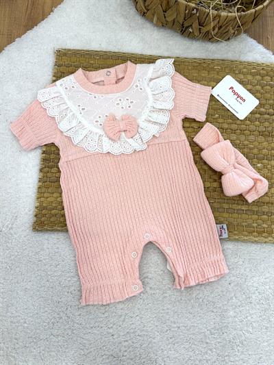 Güpürlü Önlük Detaylı Bandanalı Kız Bebek Jakarlı Şort Tulum (0-3/3-6/6-9/9-12 Ay)
