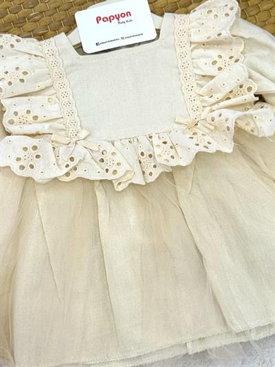Güpürlü Tüllü Etekli Kız Bebek Keten Elbise (3-6/6-9/9-12/12-18/18-24 Ay)