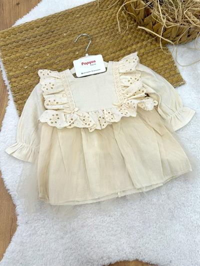 Güpürlü Tüllü Etekli Kız Bebek Keten Elbise (3-6/6-9/9-12/12-18/18-24 Ay)