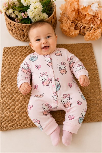 Hello Kitty Desenli Kız Bebek Tulum (%100 Pamuk) (0-3/3-6/6-9/9-12 Ay)