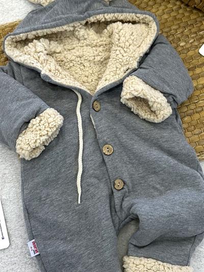 İçi Welsfot Tavşan Kulaklı Kapşonlu Düğmeli Bebek Tulum (6-9/9-12/12-18/18-24 Ay)