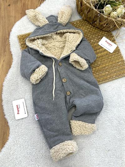 İçi Welsfot Tavşan Kulaklı Kapşonlu Düğmeli Bebek Tulum (6-9/9-12/12-18/18-24 Ay)