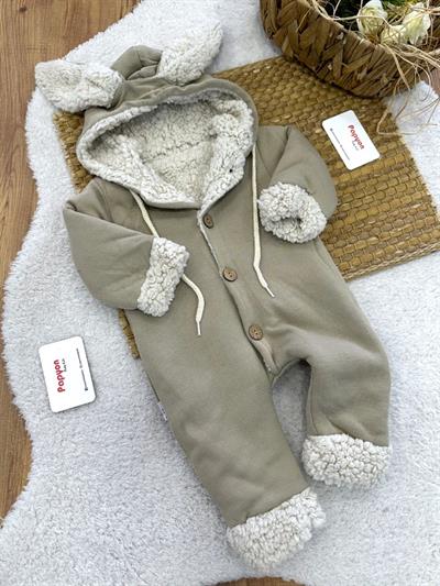 İçi Welsfot Tavşan Kulaklı Kapşonlu Düğmeli Bebek Tulum (6-9/9-12/12-18/18-24 Ay)