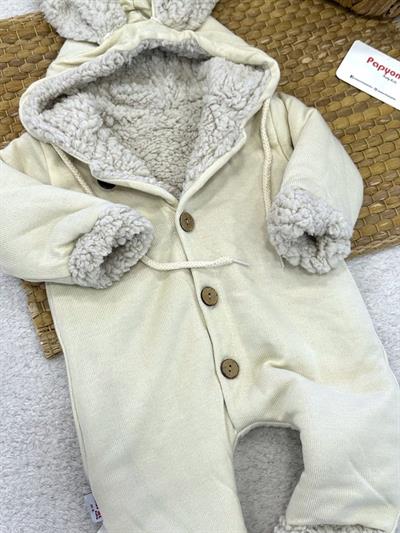 İçi Welsfot Tavşan Kulaklı Kapşonlu Düğmeli Bebek Tulum (6-9/9-12/12-18/18-24 Ay)