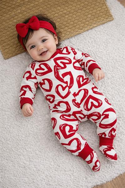 Kalp Baskılı Fitilli Kız Bebek Bandanalı Tulum (0-3/3-6/6-9/9-12 Ay)