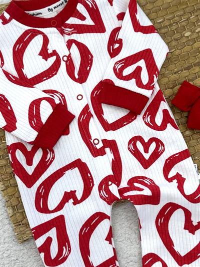 Kalp Baskılı Fitilli Kız Bebek Bandanalı Tulum (0-3/3-6/6-9/9-12 Ay)