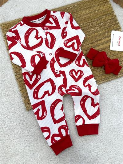 Kalp Baskılı Fitilli Kız Bebek Bandanalı Tulum (0-3/3-6/6-9/9-12 Ay)