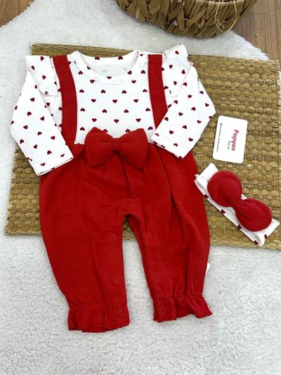 Kalpli Fiyonklu Bandanalı Kız Bebek Tulum Set 0-3/3-6/6-9/9-12 Ay