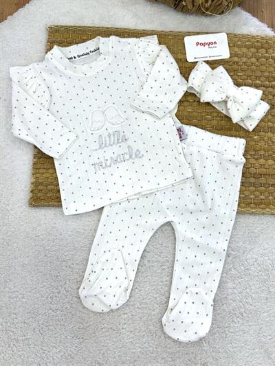 Kanat Little Nakışlı Kız Bebek Bandanalı 3lü Takım (0-3/3-6 Ay)