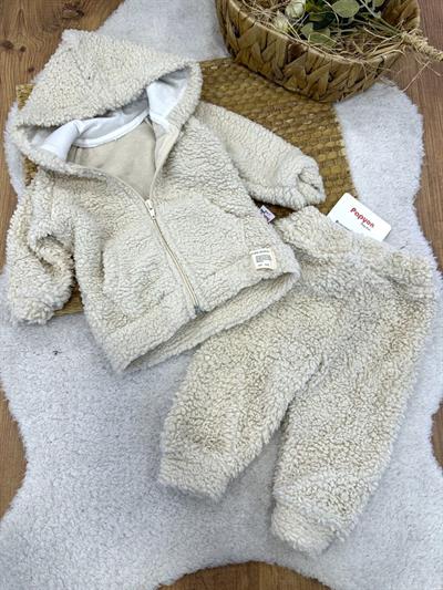 Kanguru Cepli Kapşonlu Ceketli Erkek Bebek Peluş Takım (0-3/3-6/6-9/9-12 Ay)