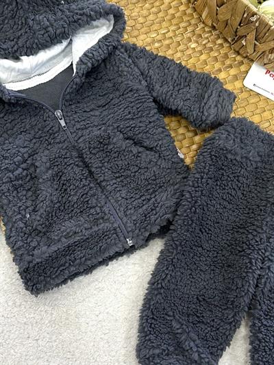 Kanguru Cepli Kapşonlu Ceketli Erkek Bebek Peluş Takım (6-9/9-12/12-18/18-24 Ay)