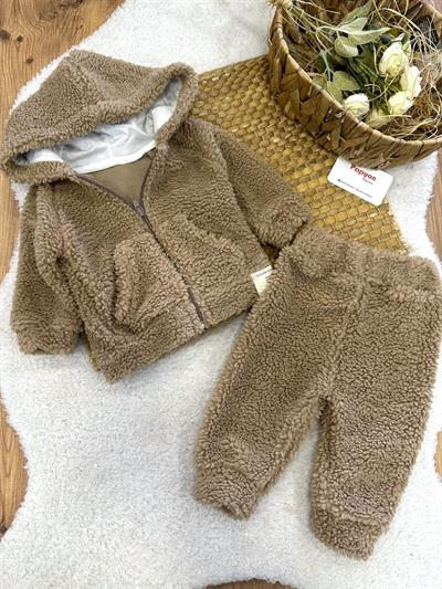 Kanguru Cepli Kapşonlu Ceketli Erkek Bebek Peluş Takım (0-3/3-6/6-9/9-12 Ay)