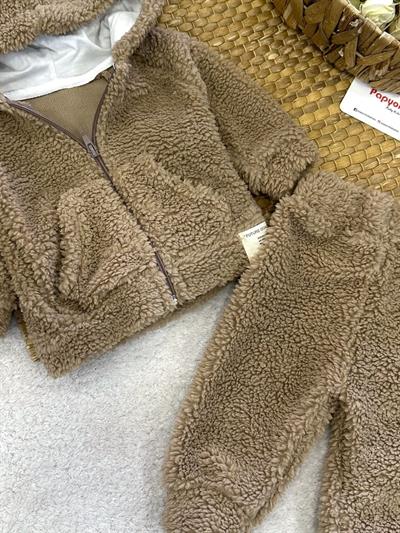 Kanguru Cepli Kapşonlu Ceketli Erkek Bebek Peluş Takım (0-3/3-6/6-9/9-12 Ay)