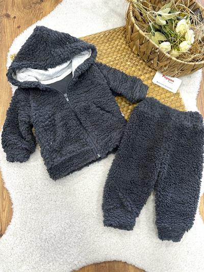 Kanguru Cepli Kapşonlu Ceketli Erkek Bebek Peluş Takım (6-9/9-12/12-18/18-24 Ay)