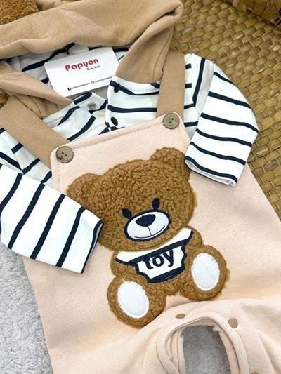 Kapşonlu Çizgili Badili Ayıcıklı 3ip Şardonlu Salopetli Erkek Bebek Takım (0-3/3-6/6-9/9-12 Ay)