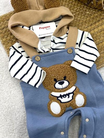 Kapşonlu Çizgili Badili Ayıcıklı 3ip Şardonlu Salopetli Erkek Bebek Takım (0-3/3-6/6-9/9-12 Ay)