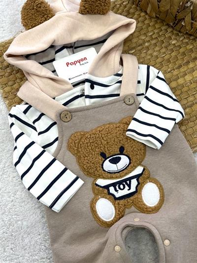 Kapşonlu Çizgili Badili Ayıcıklı 3ip Şardonlu Salopetli Erkek Bebek Takım (0-3/3-6/6-9/9-12 Ay)