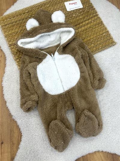 Kulaklı Kapşonlu Fermuarlı Bebek Peluş Tulum (0-3/3-6/6-9/9-12 Ay)