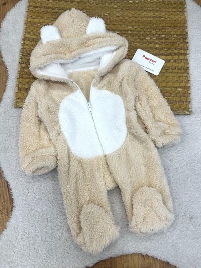 Kulaklı Kapşonlu Fermuarlı Bebek Peluş Tulum (0-3/3-6/6-9/9-12 Ay)