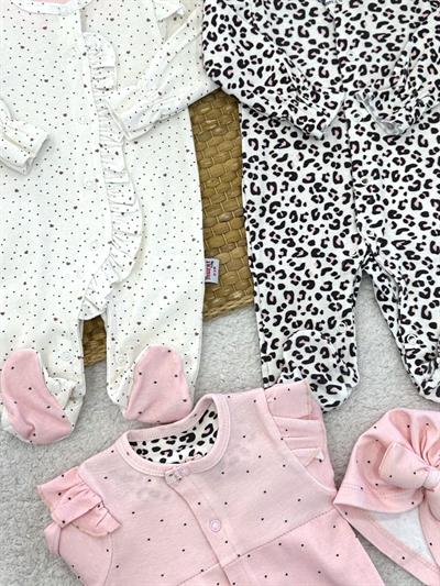 Leopar Kalp Desenli Kız Bebek 3lü Tulum (0-3 Ay)