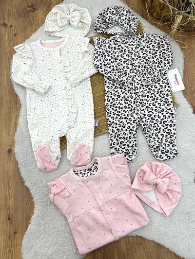 Leopar Kalp Desenli Kız Bebek 3lü Tulum (0-3 Ay)