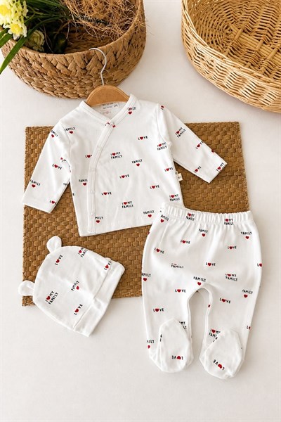 Love Family Baskılı Yenidoğan Uniseks Bebek 3lü Zıbın Set