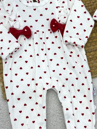 Minik Kalp Baskılı Fiyonklu Kız Bebek Bandanalı Tulum (0-3/3-6/6-9/9-12 Ay)